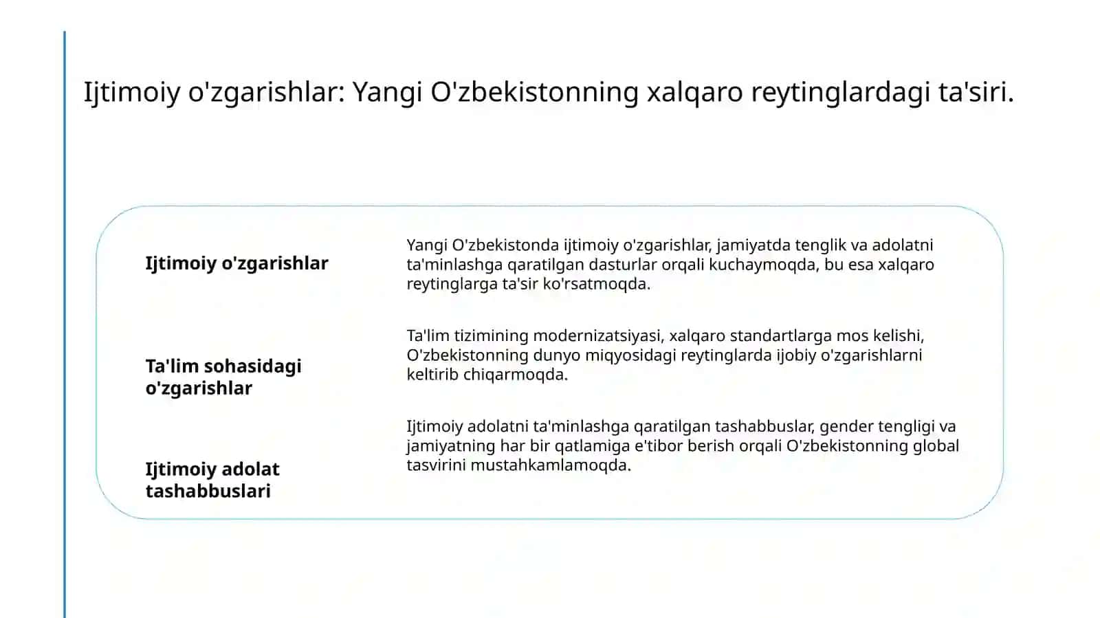 Yangi O'zbekiston ijtimoiy-siyosiy, iqtisodiy va madaniy hayotida ro'y berayotgan o'zgarishlarning xalqaro reyting va indekslarda aks etishi 4