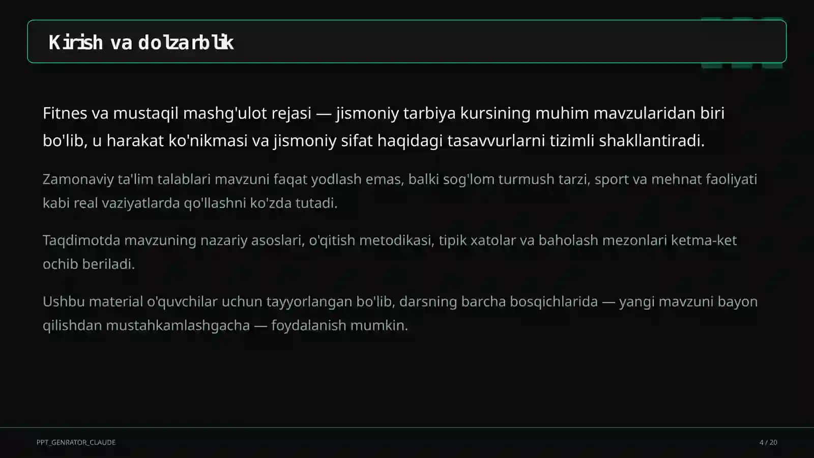 Fitnes va mustaqil mashg'ulot rejasi (11-sinf) 4