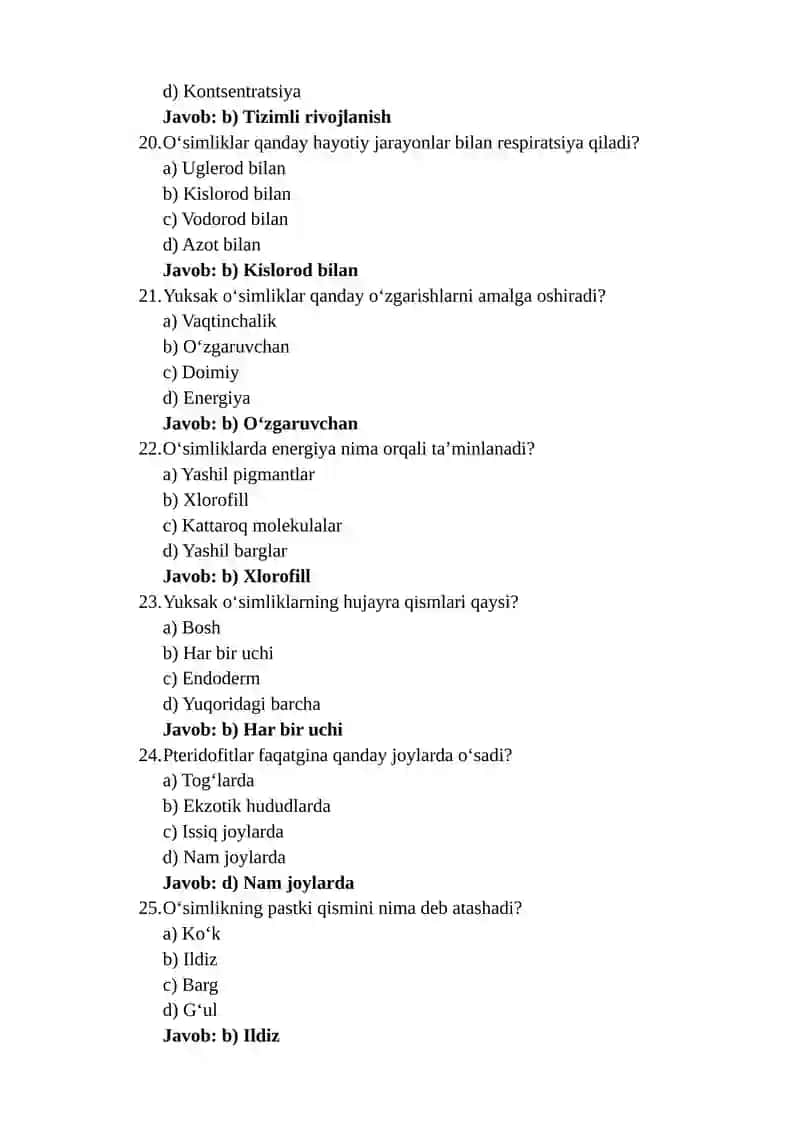 test yuksak osimliklar 50ta javobi bilan 4