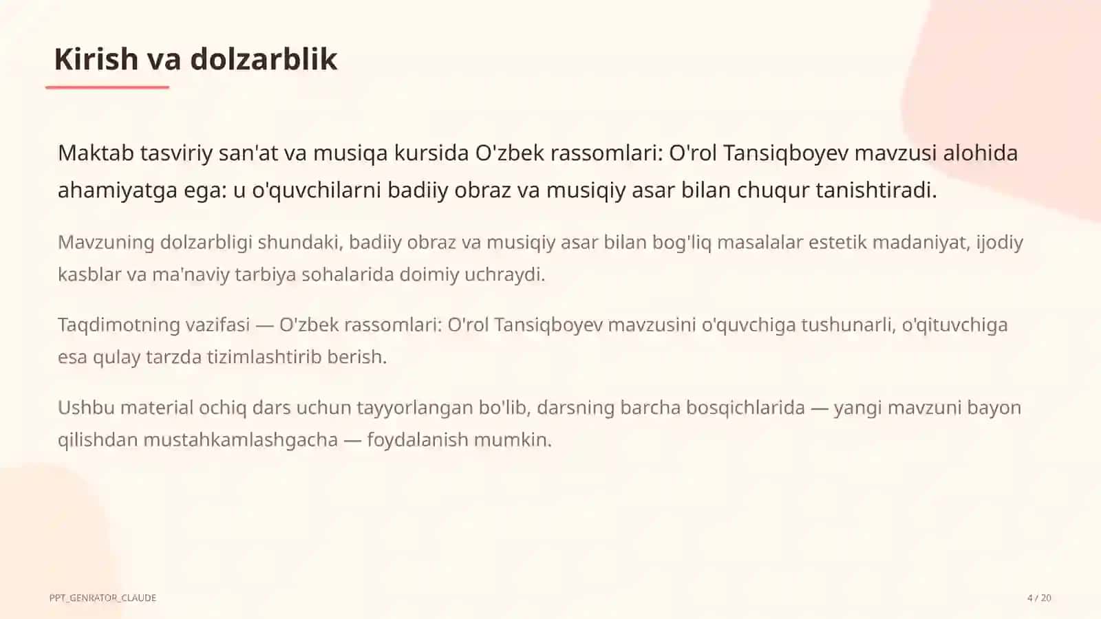 Tasviriy san'at va musiqa (1–7) — ochiq dars uchun 4