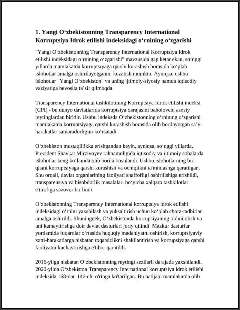 Yangi Oʻzbekistonning Transparency International Korruptsiya Idrok etilishi indeksidagi oʻrnining o‘zgarishi 4