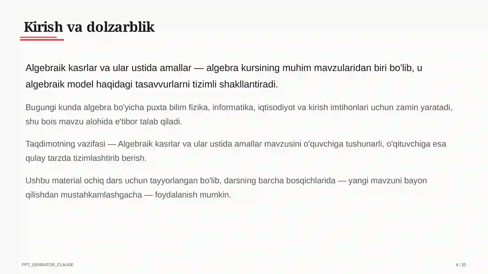 Algebraik kasrlar va ular ustida amallar (8-sinf) 4