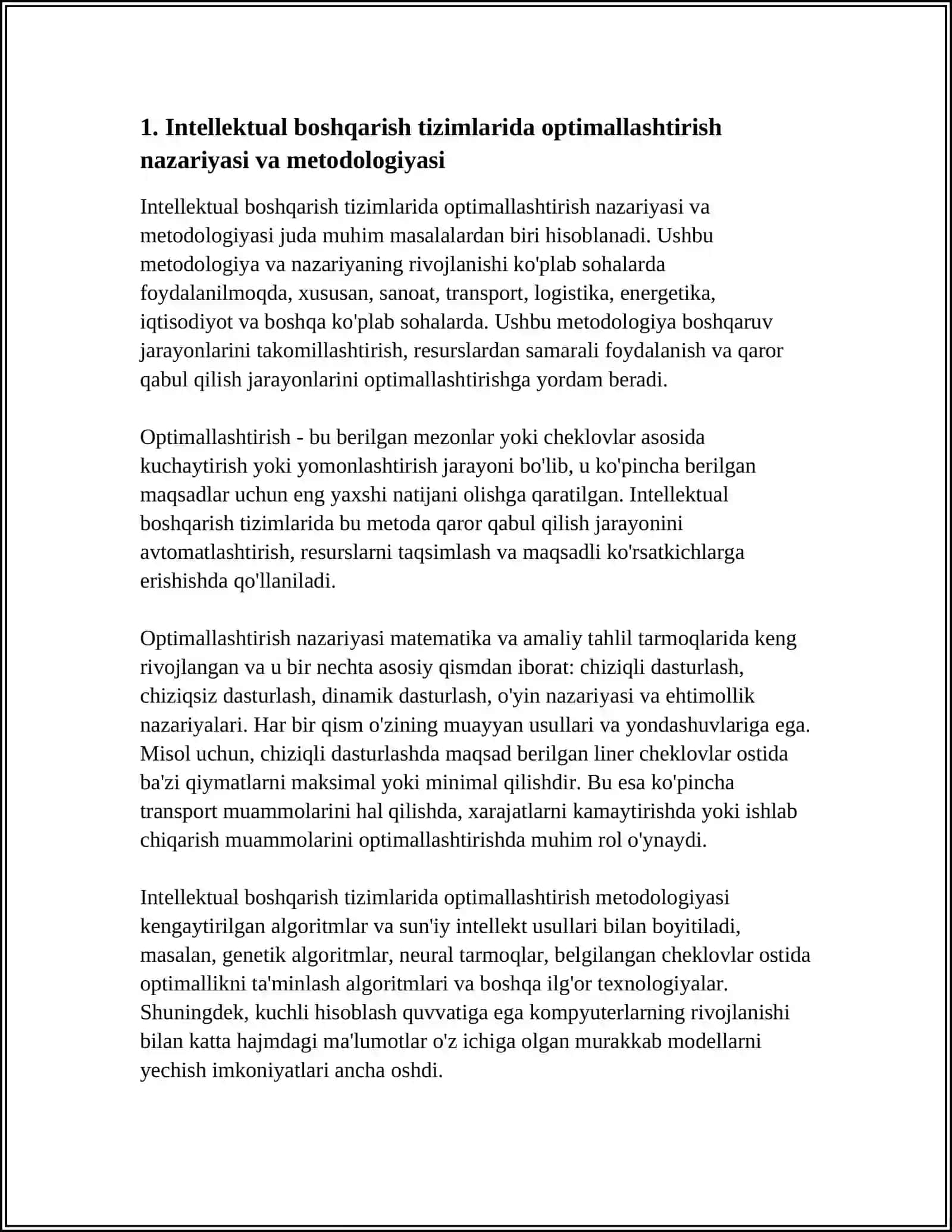 INTELLEKTUAL BOSHQARISHDA OPTIMALLASHTIRISH USULLARI MAVZUSIDA MUSTAQIL ISH 4