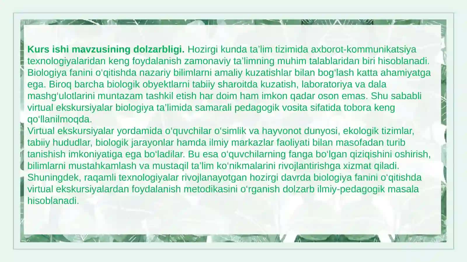 QODIROVA GULYORANING BIOLOGIYA O‘QITISH METODIKASI 4
