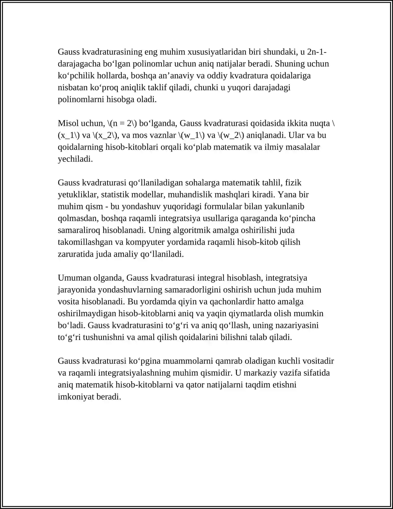 INTEGRALLARNI TAQRIBIY HISOBLASHDA GAUSS FORMULALARI. GʻOYASI VA XATOLIK TARTIBI. SAMARADORLIGI 4
