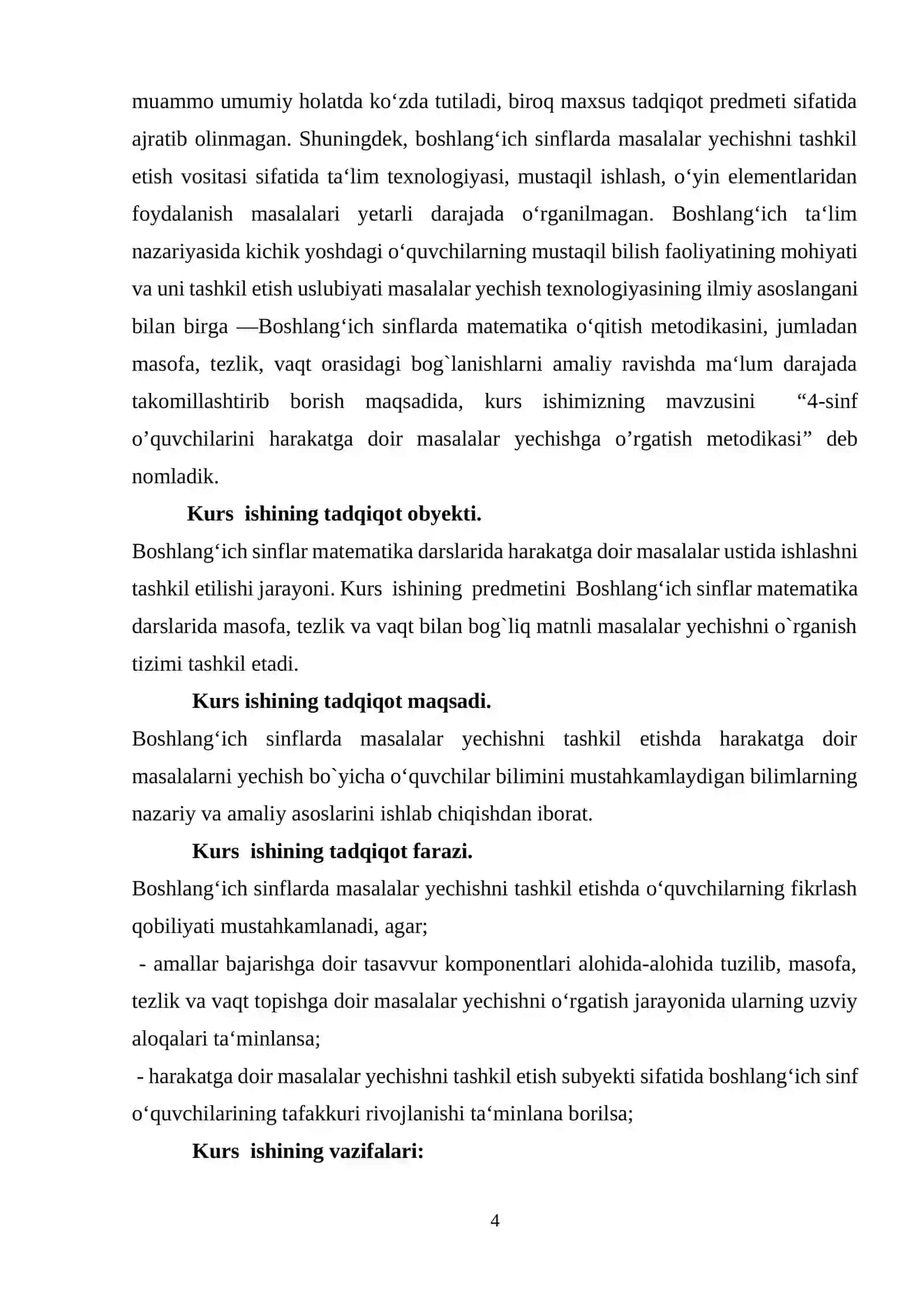 4-sinf o’quvchilarini harakatga doir masalalar yechishga o’rgatish metodikasi 4