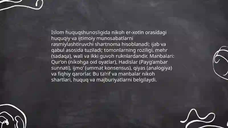 Islom huquqshunosligida oila, nikoh, taloq, idda, zihor tushunchalarini ta’riflash va taqdimot tayyorlash 4
