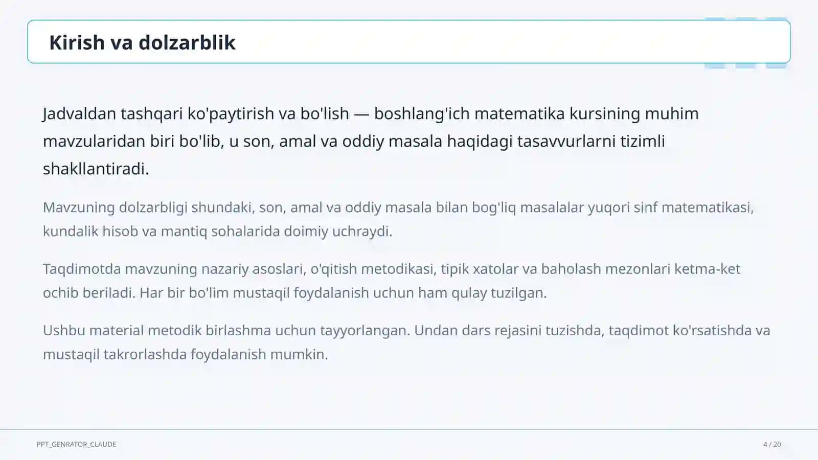 Jadvaldan tashqari ko'paytirish va bo'lish (3-sinf) 4