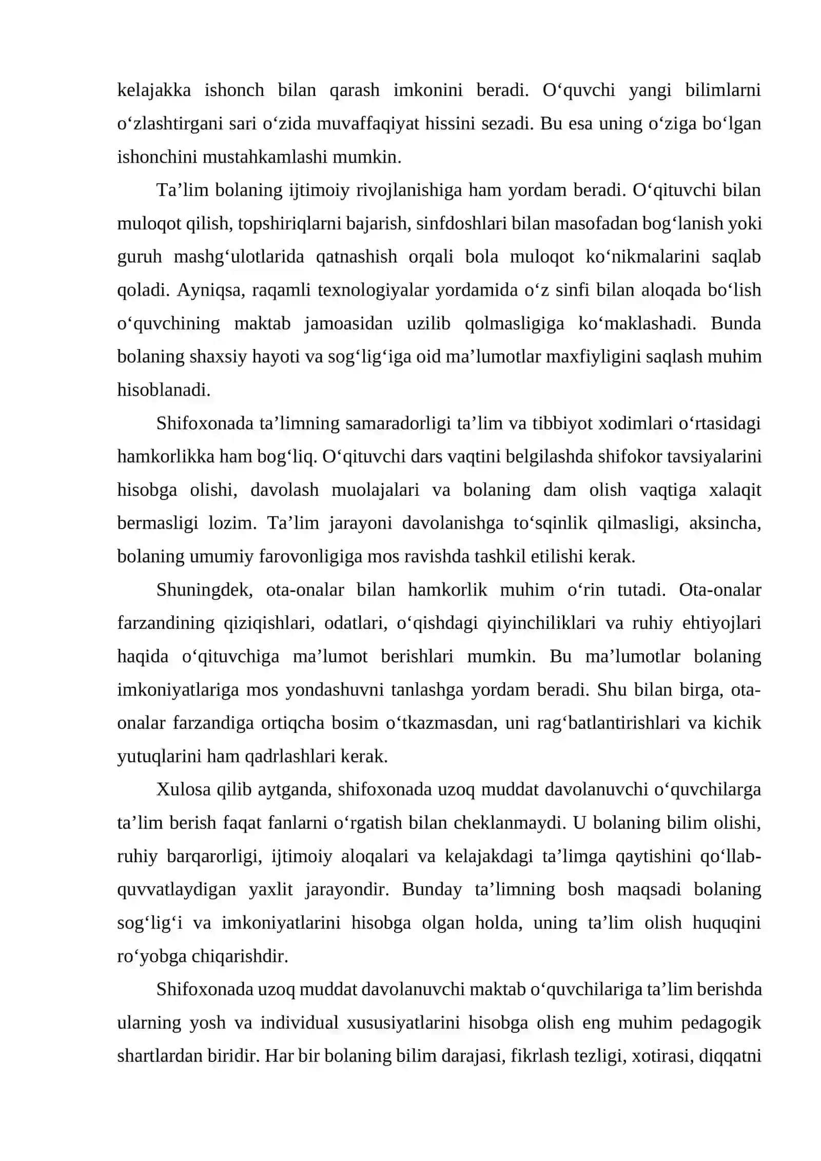 “SHIFOXONALARDA UZOQ DAVOLANUVCHI MAKTAB OʻQUVCHILARINI SAMARALI TAʼLIM OLISHNING ASOSIY SHARTLARI” 4