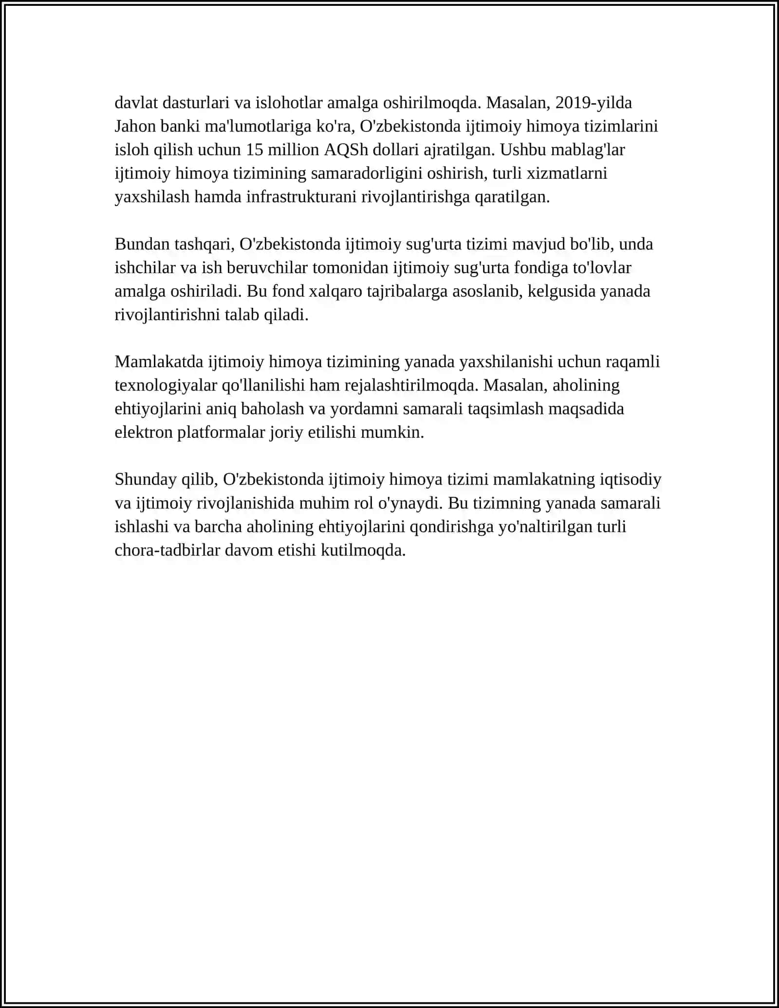 REFERAT OʻZBRKISTON RESPUBLIKASIDA IJTIMOIY SOHADAGI ISLOHATLAR 4