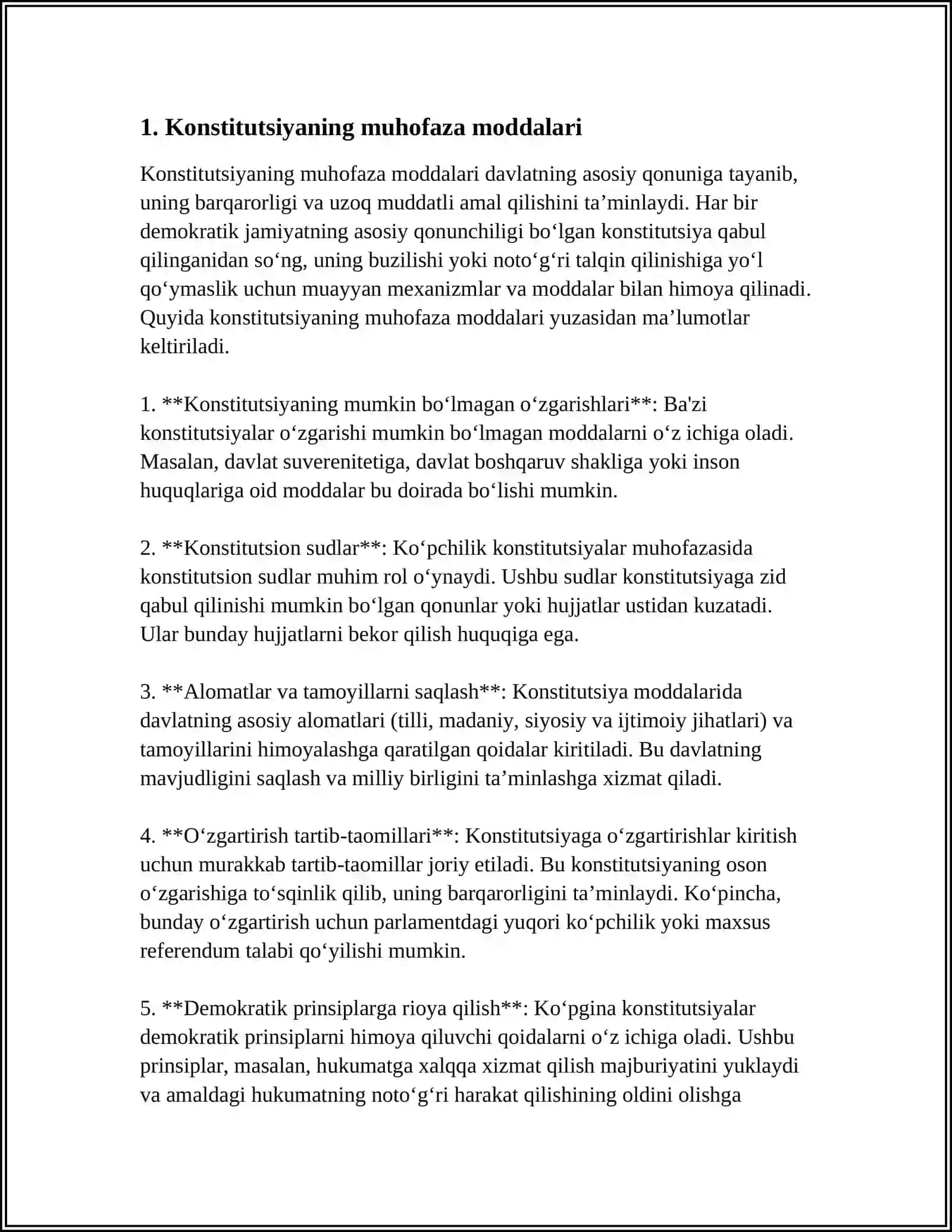 KONSTITUTSIYANING QAYSI MODDALARIDA TABIATNI ASRASHGA DOIR QONUNLARNI ÓRGANISH TAXLIL QILISH.PREZIDENT QARORLARINI ÓRGANISH.OLIY MAJLIS TOMONIDAN CHIQARILGAN TABIATNI MUHOFAZA QILISHGA DOIR QONUNLARNI ÓRGANISH 4