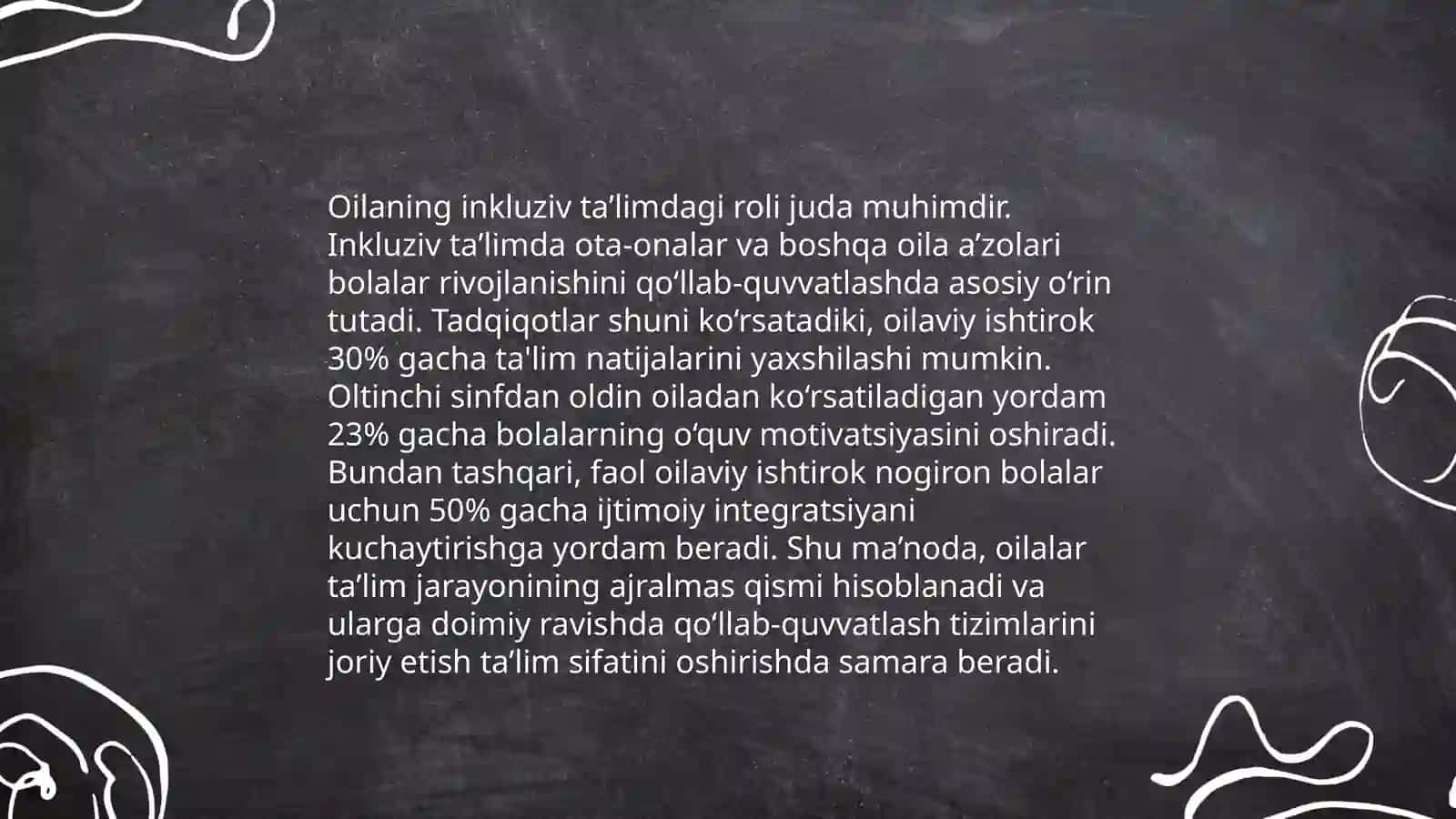 Alohida yordamga muhtoj bolani umumtaʼlim maktabi yoki maktabgacha tashkilotda inklyuziv taʼlim sharoitida oʻqishga moslashishiga oila va maktabning oʻrni 4