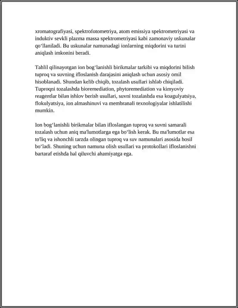 TUPROQ VA SUVNING IFLOSLANISHIDA ION BOG'LANISHLI BIRIKMALARNI ANIQLAB, ULARDAN TOZALASH USULINI ISHLAB CHIQISH 4