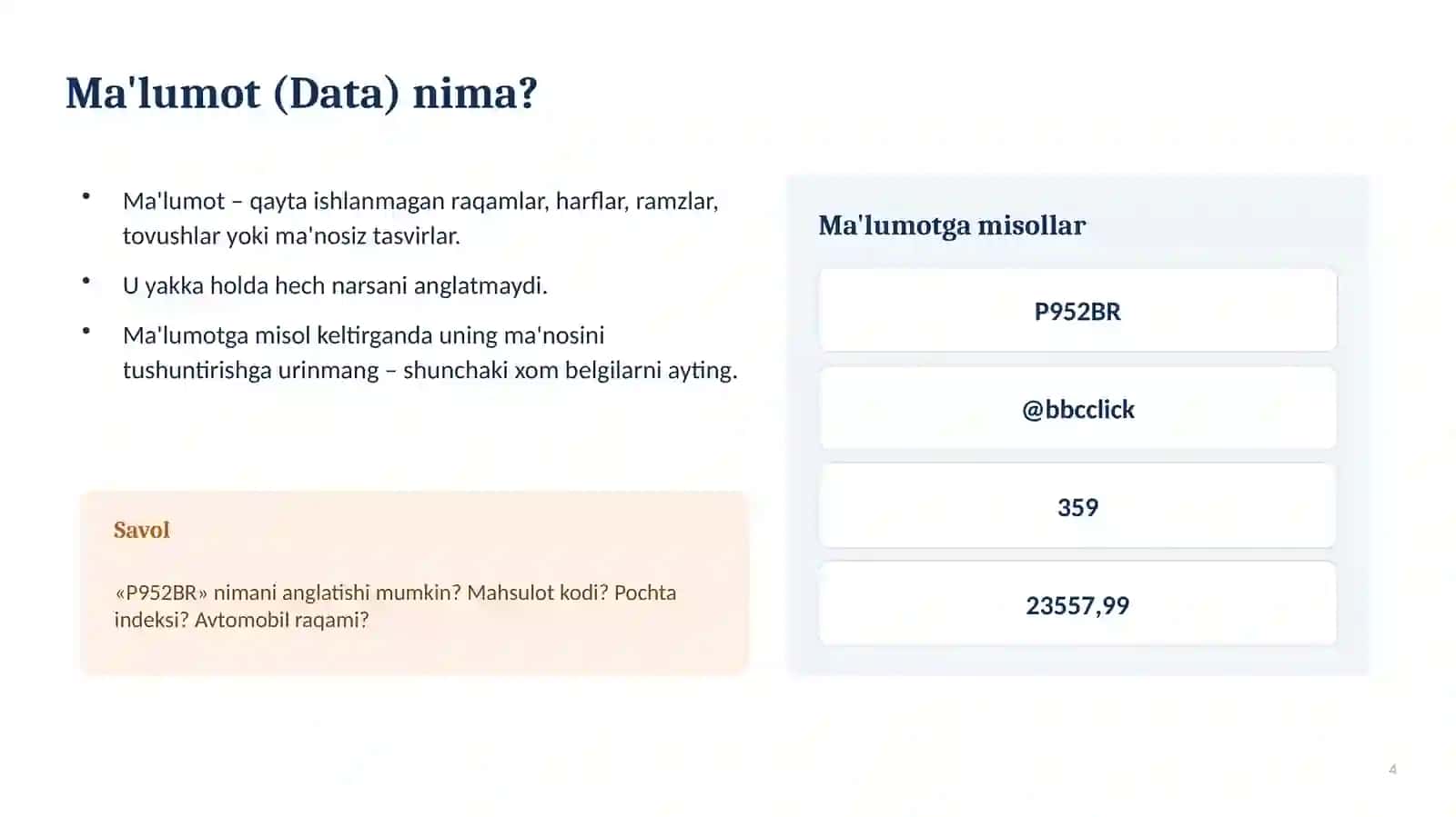 Ma'lumot, axborot va bilimlar bazasi. 4