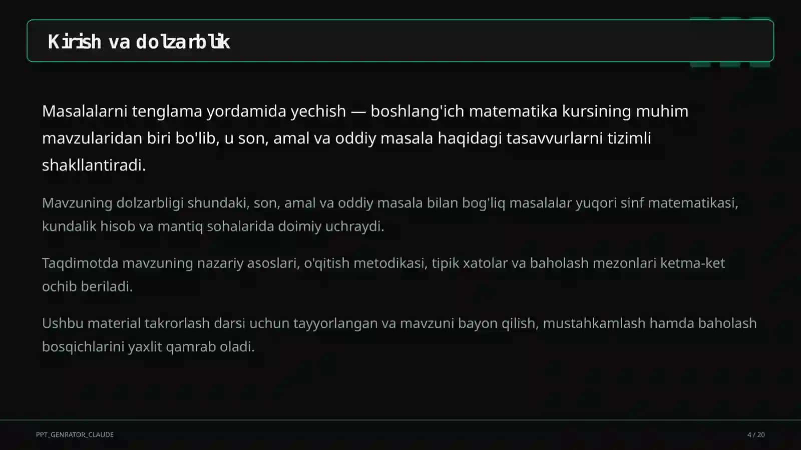 Masalalarni tenglama yordamida yechish (3-sinf) 4