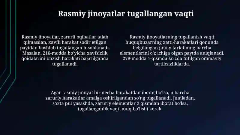 Moddiy, formal va kesik tarkibli jinoyatlarning tamom bo‘lish vaqti mavzusida taqdimot tayyorlash 4