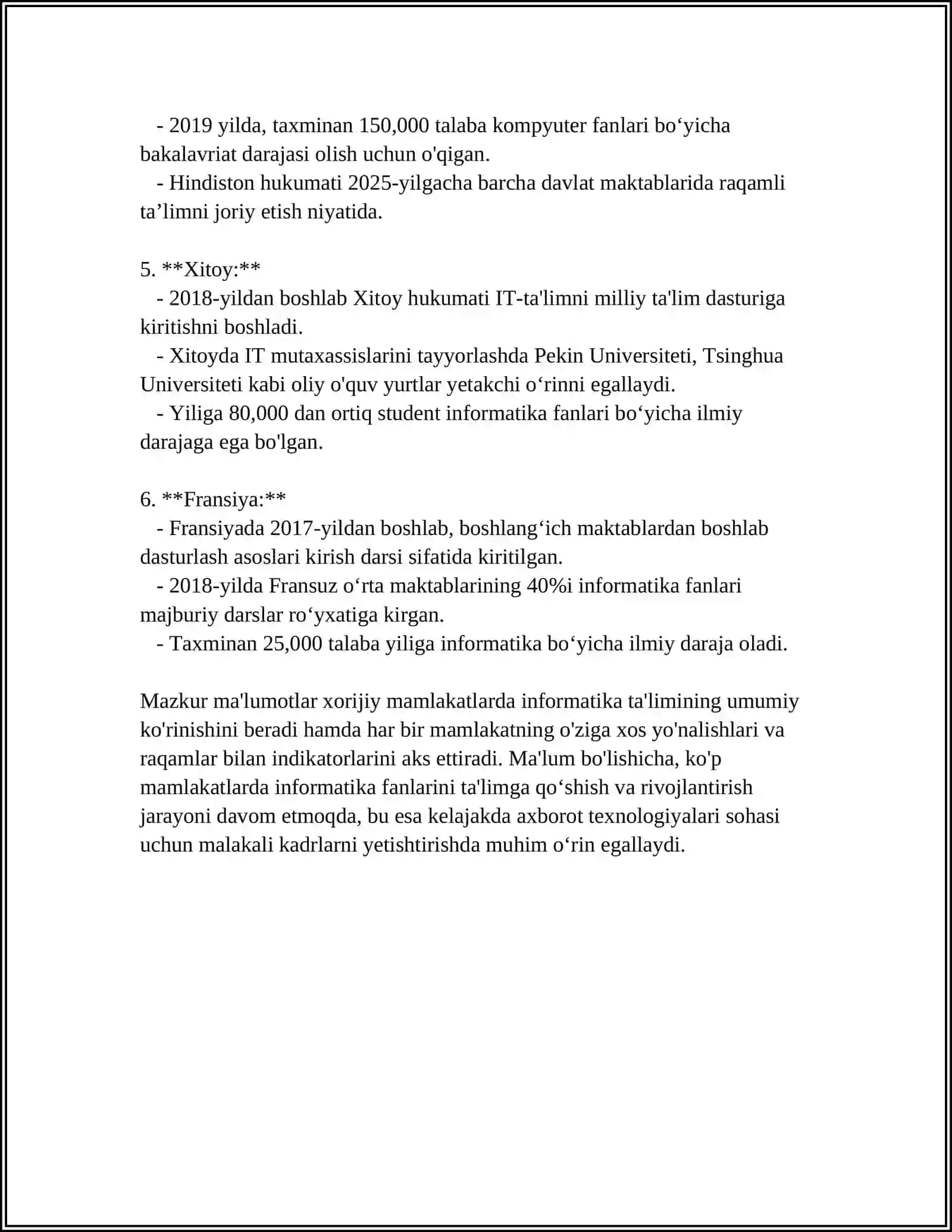 Xorijiy mamlakatlarda informatika ta'limining tahlilini o'tkazish 4