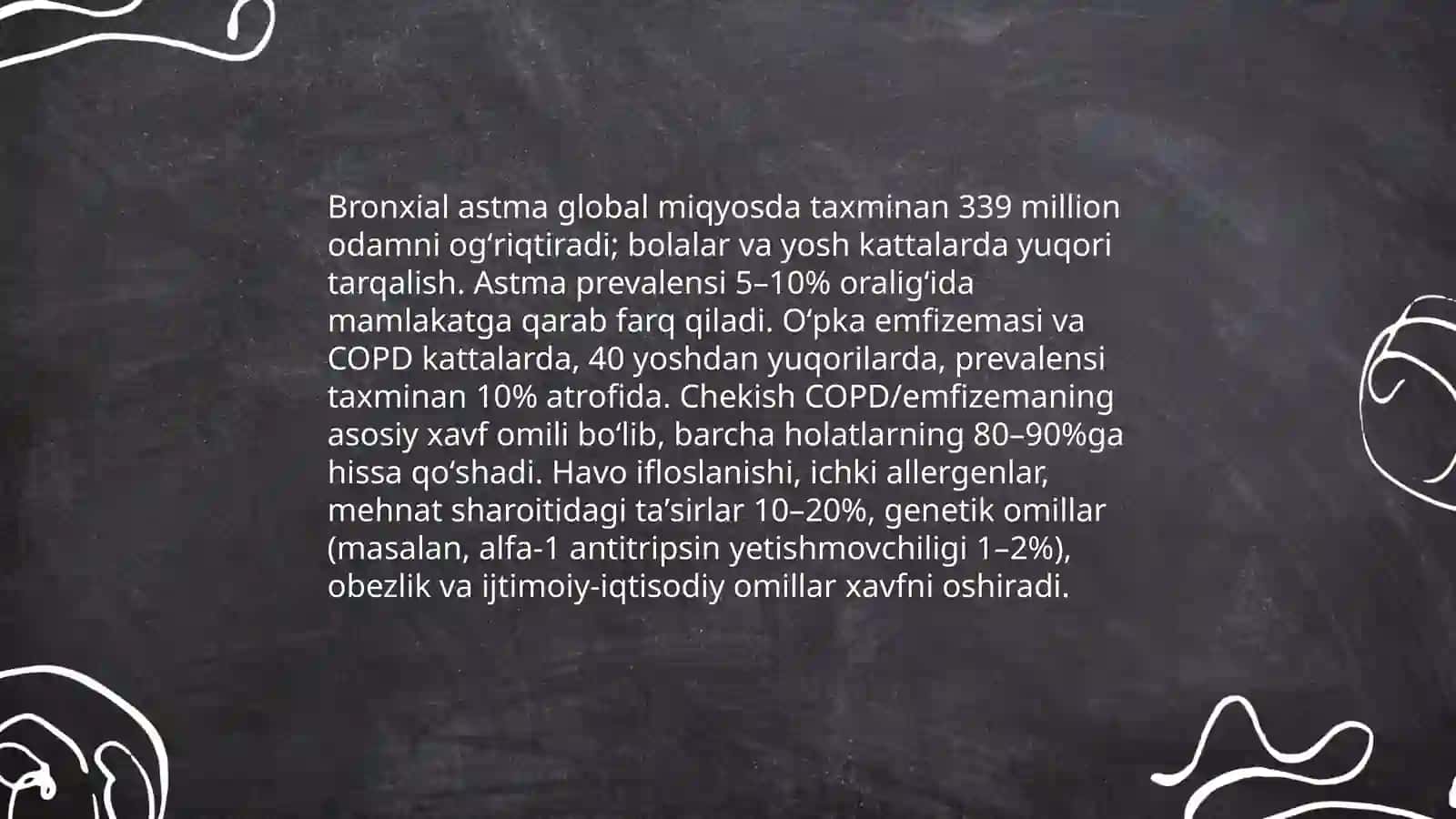 Oʻpkaning toʻqimasida xavo ortib ketish sindromi (bronxial astma, oʻpka emfizemasi). Diagnostika.Asosiy davolash prinsiplari 4