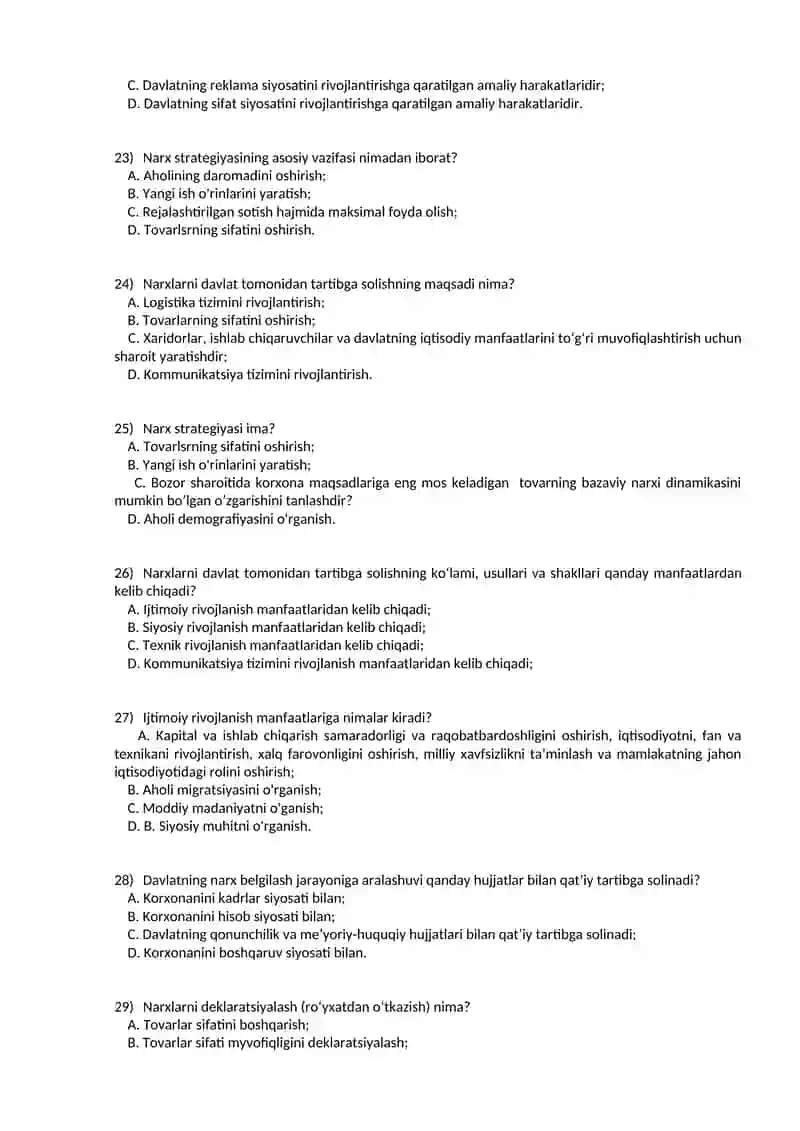 Narx tushunchasi test 4