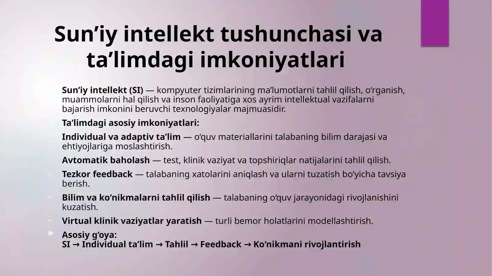 Sun`iyintellektyordamidata`limmaqsadlaridatalbalarnivirtualo`qitishdasimulyatsiyalaryordamidaorqalidiagnostikko`nikmalarnio`rgatishvaklinikqarorlarqabulqilish 4