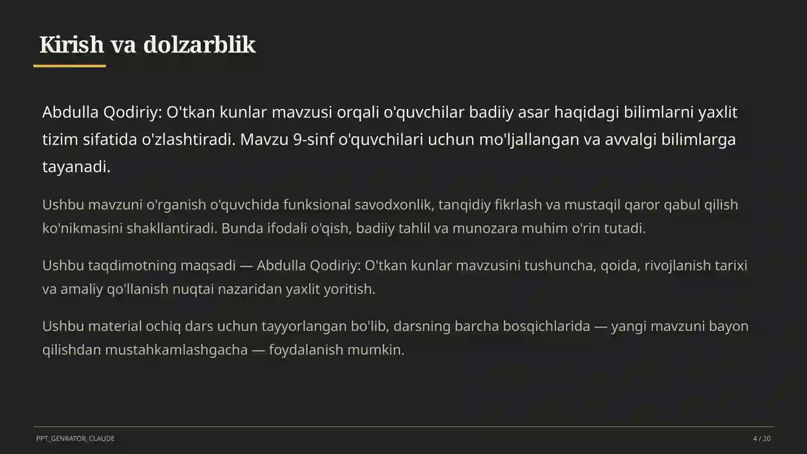 Abdulla Qodiriy: O'tkan kunlar (9-sinf) 4