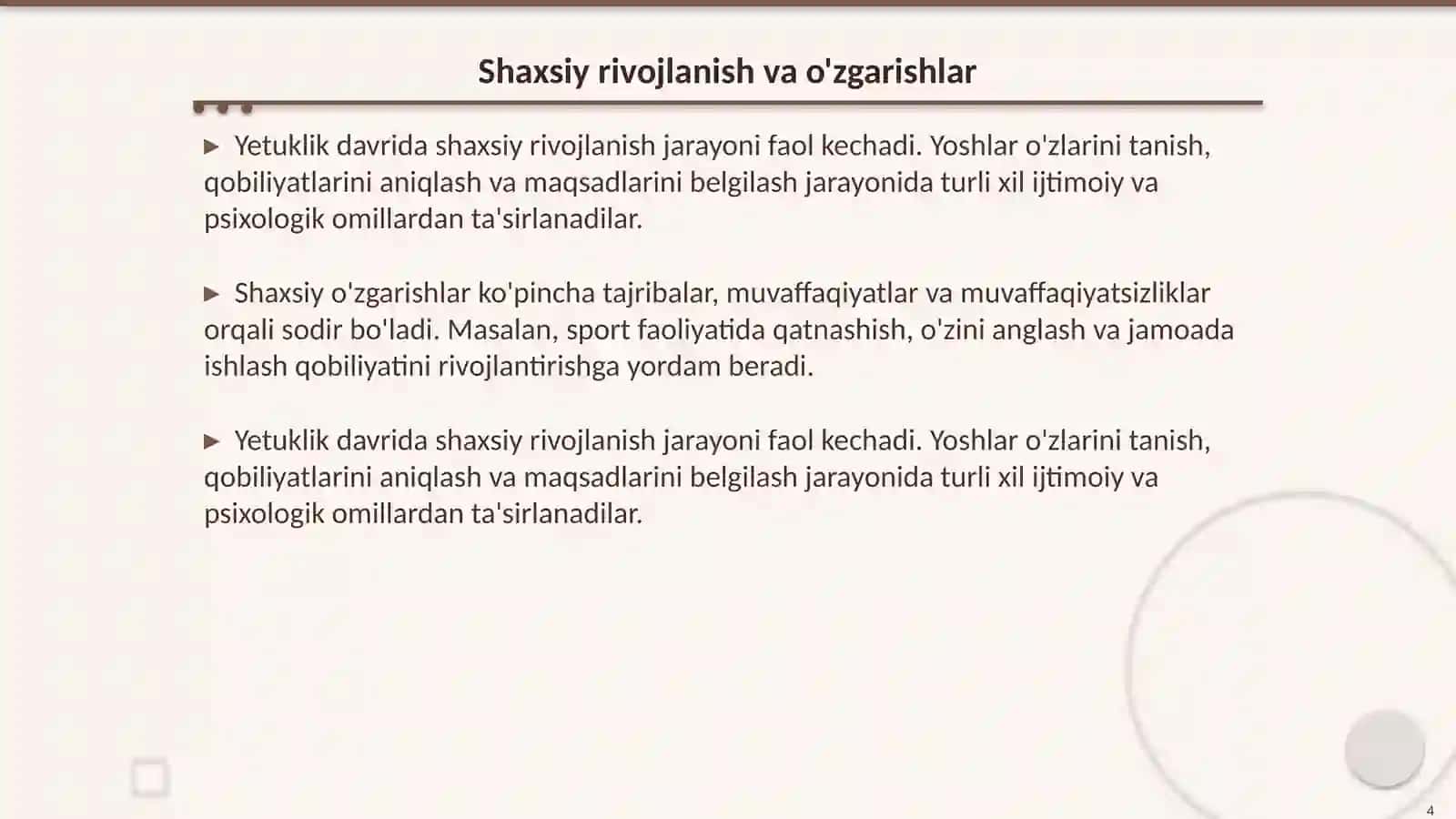 Psixalogiya va sport psixalogiyasi Mavzu Yetuklik davrining psixologik xususiyatlari 4