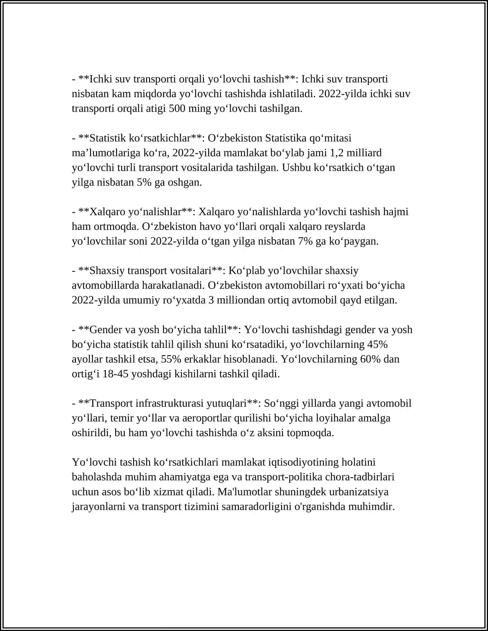 Yoʻlovchi Tashish Hajmining Statistik Tahlili 4
