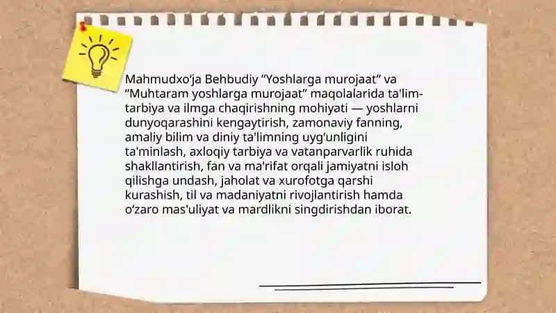 Mahmudxoʻja Behbudiyning " Yoshlarga murojaat" va " Muhtaram yoshlarga murojaat" maqolalarining mohiyati 4
