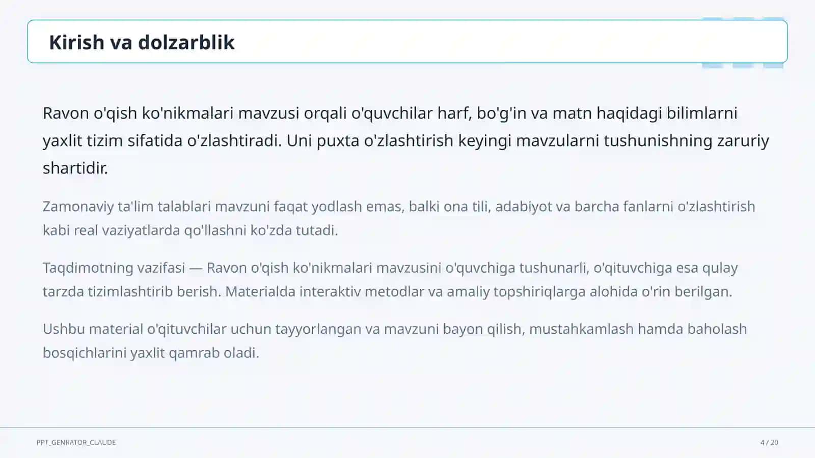 Ona tili va o'qish (1–4) — o'qituvchilar uchun 4