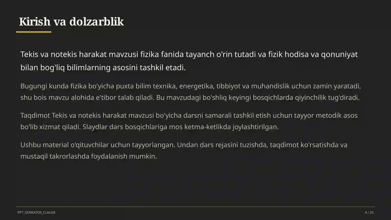 Tekis va notekis harakat (7-sinf) Fizika (6– 11) — o'qituvchilar uchun 4