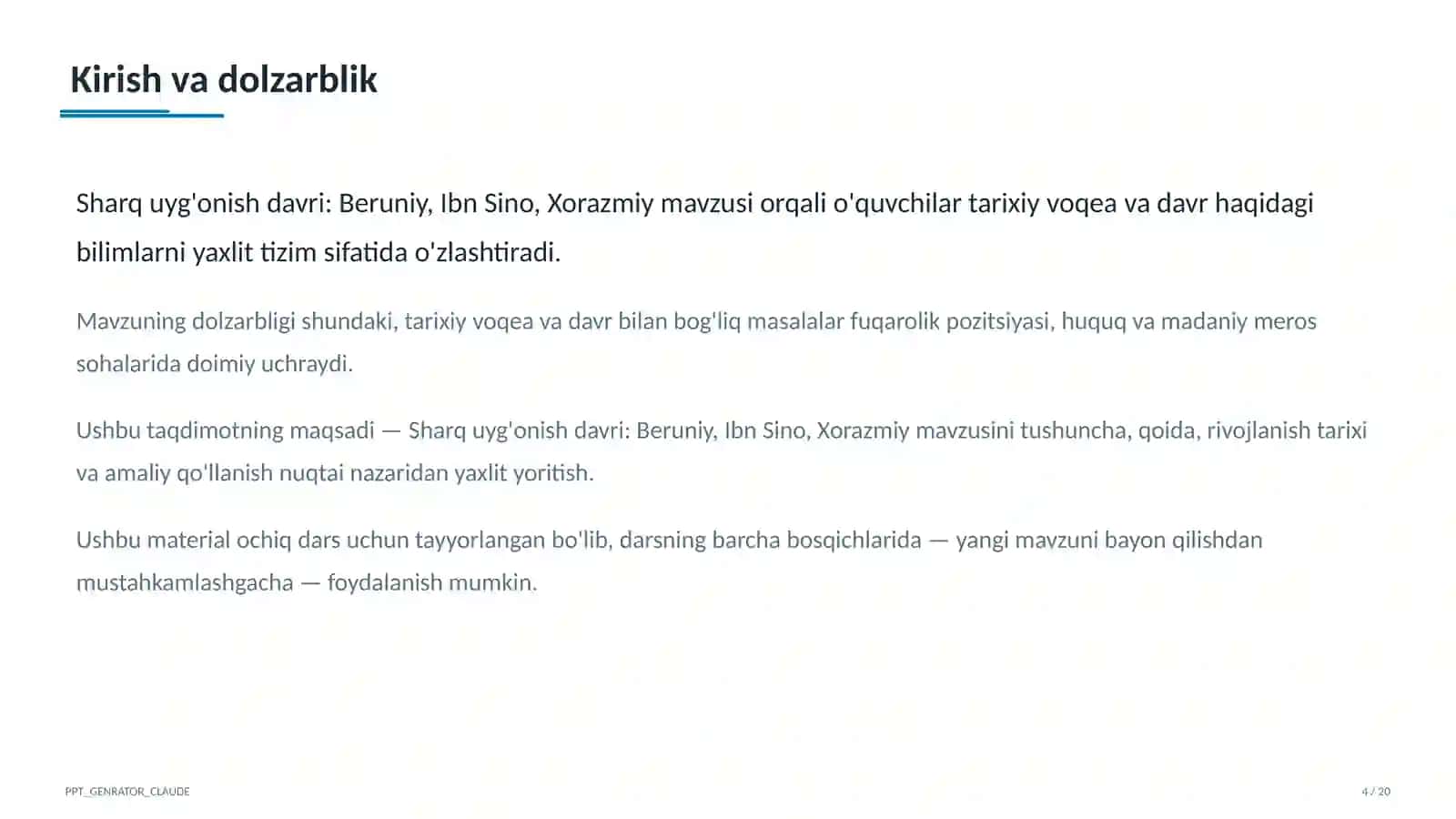 Sharq uyg'onish davri: Beruniy, Ibn Sino, Xorazmiy (7-sinf) 4