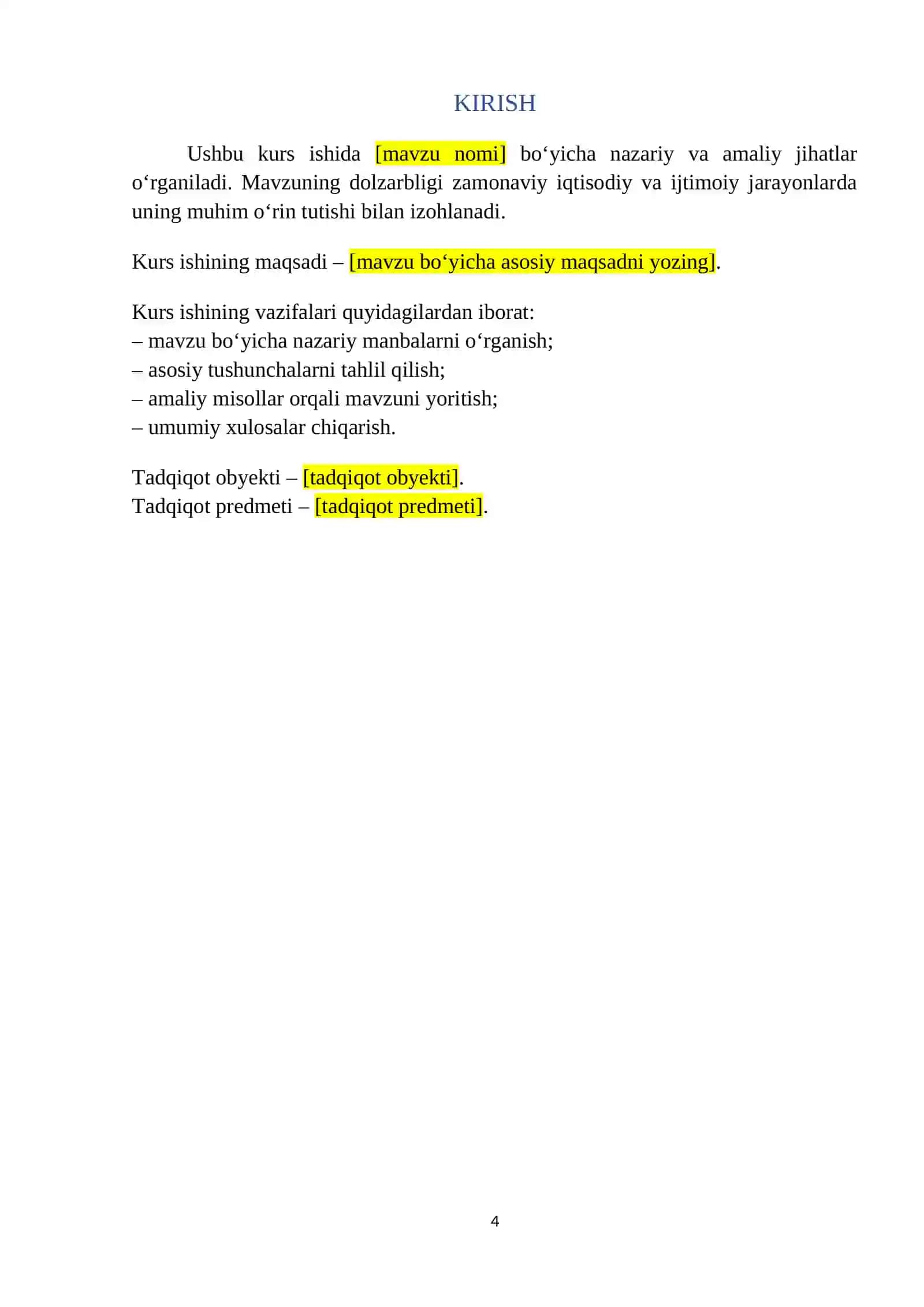 Mustaqil ish Word shabloni (OTM standarti, avtomatik mundarija va format) 4