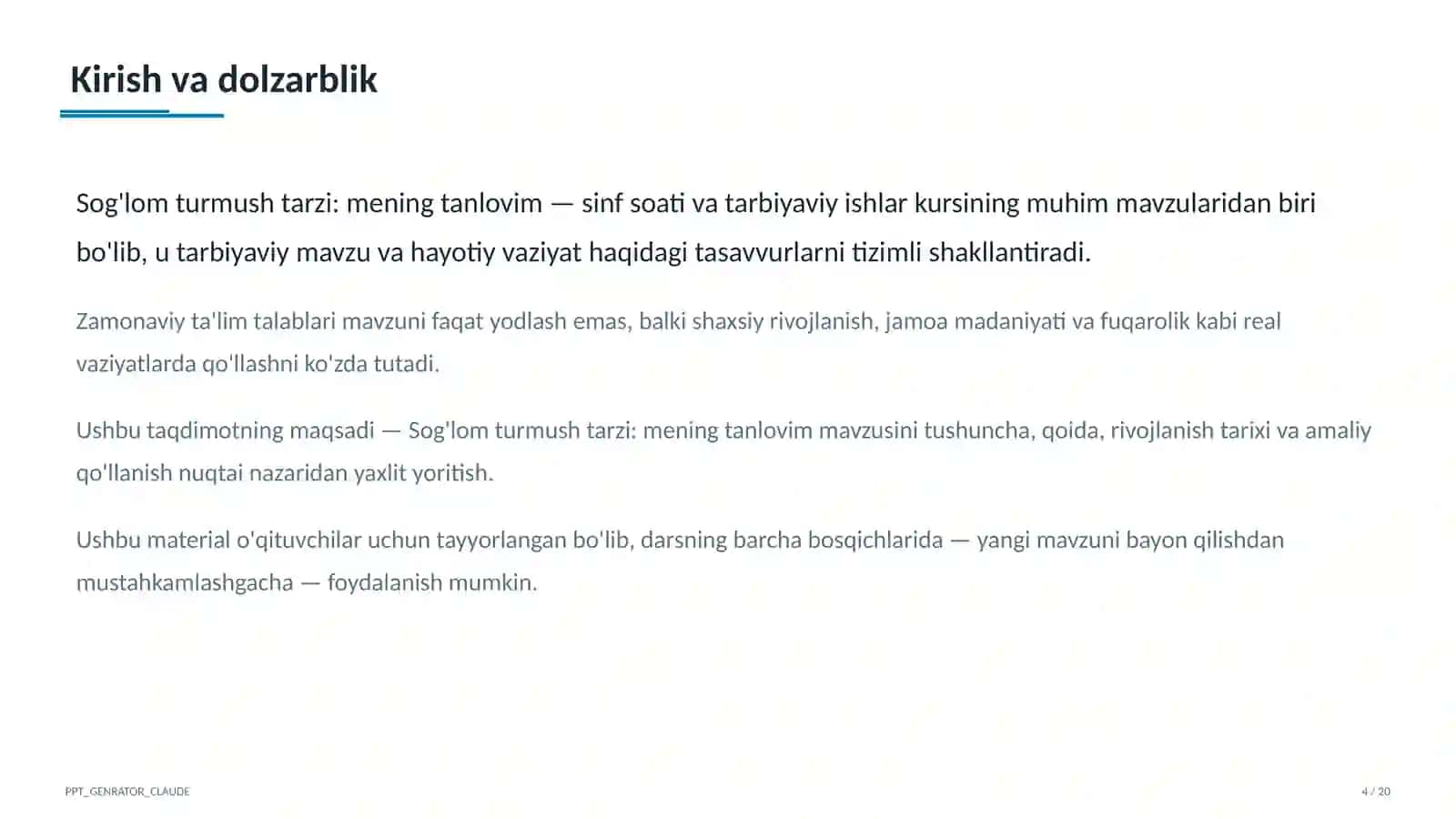 Sinf soati va tarbiyaviy tadbirlar (1–11) — o'qituvchilar uchun 4