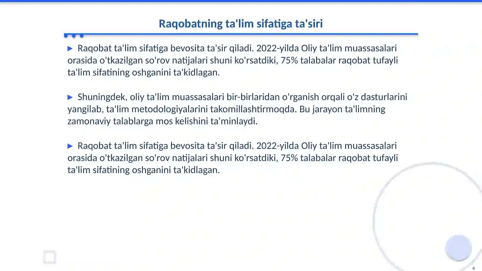 Oliy ta'lim tizimida raqobat muhitini shakillantirish yoʻllari Ta’lim menejmenti fani 4