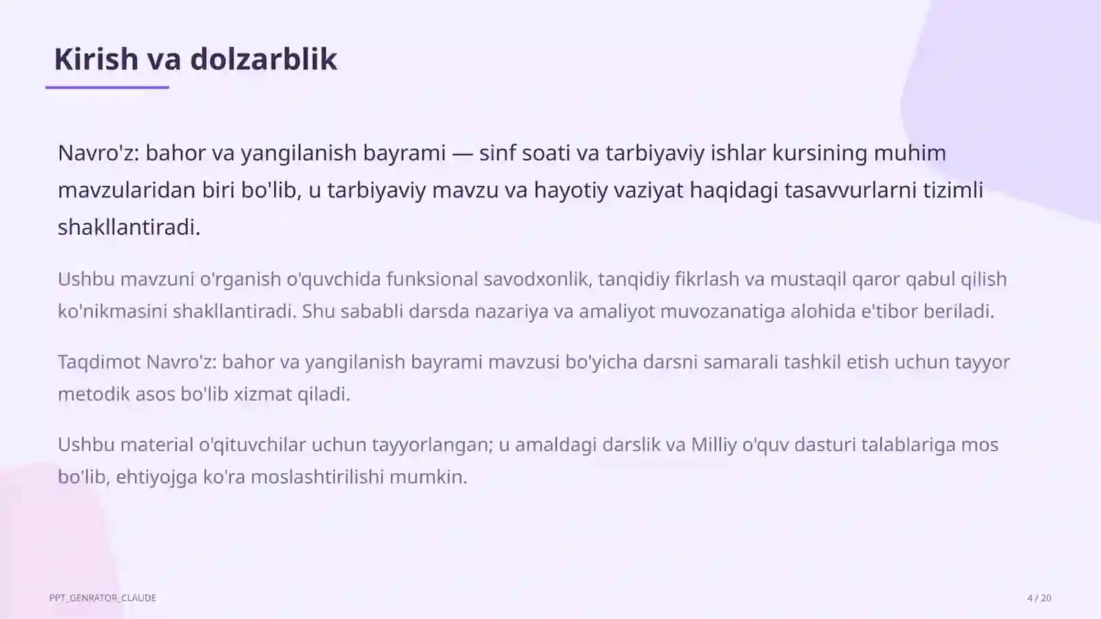 Sinf soati va tarbiyaviy tadbirlar (1– 11) — o'qituvchilar uchun 4