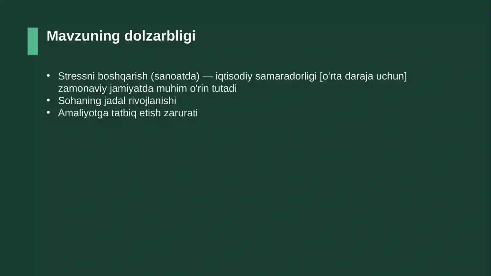 Stressni boshqarish (sanoatda) — iqtisodiy samaradorligi [o'rta daraja uchun] 4