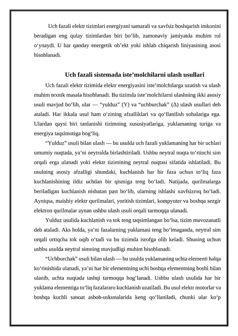 Uch fazali elektr toki, uni afzalliklari. Uch fazali sistemada iste'molchilarni ulash usullari. 4