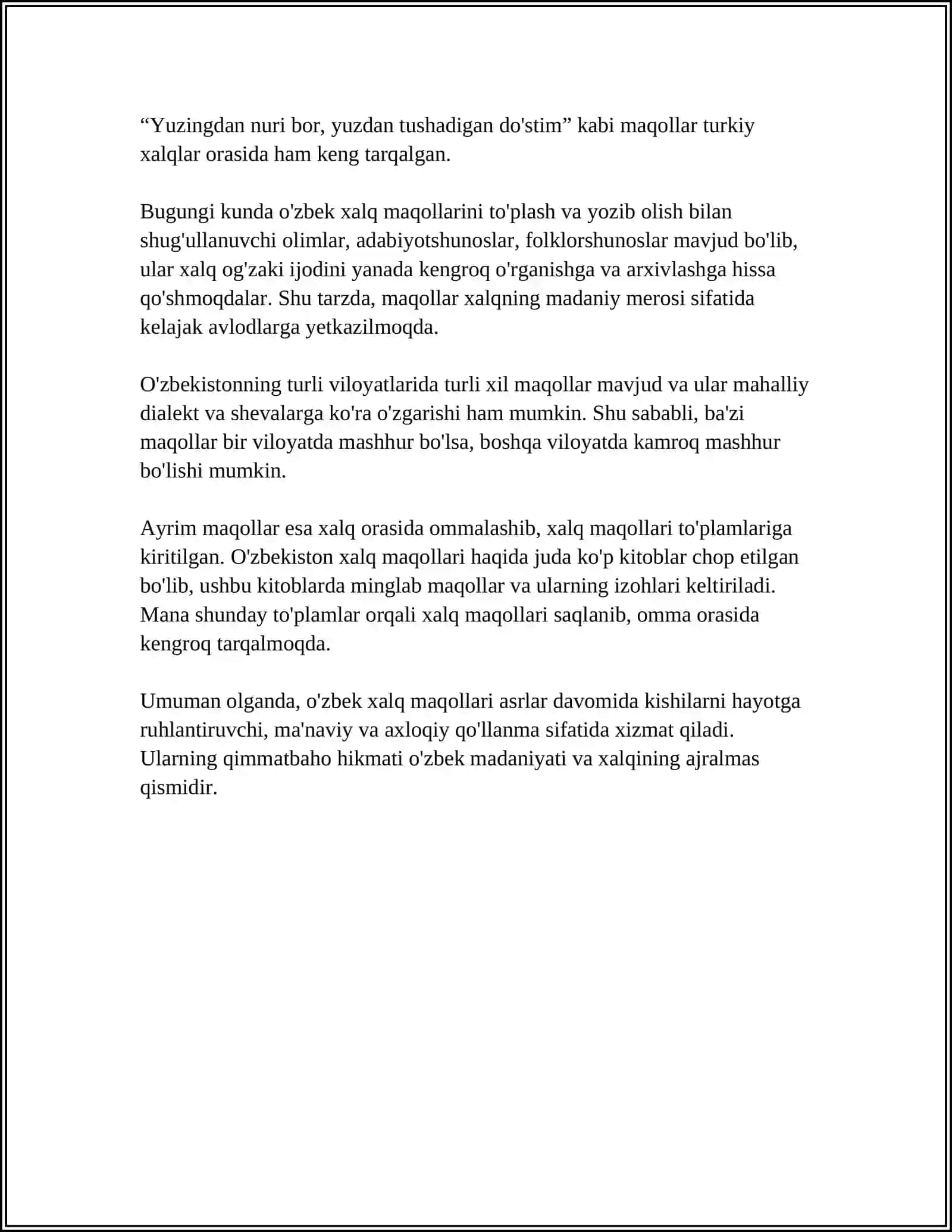 OʻZBEK XALQ MAQOLLARI, TOPISHMOQLARI, QOʻSHIQLARI VA XALQ DOSTONLARI 4