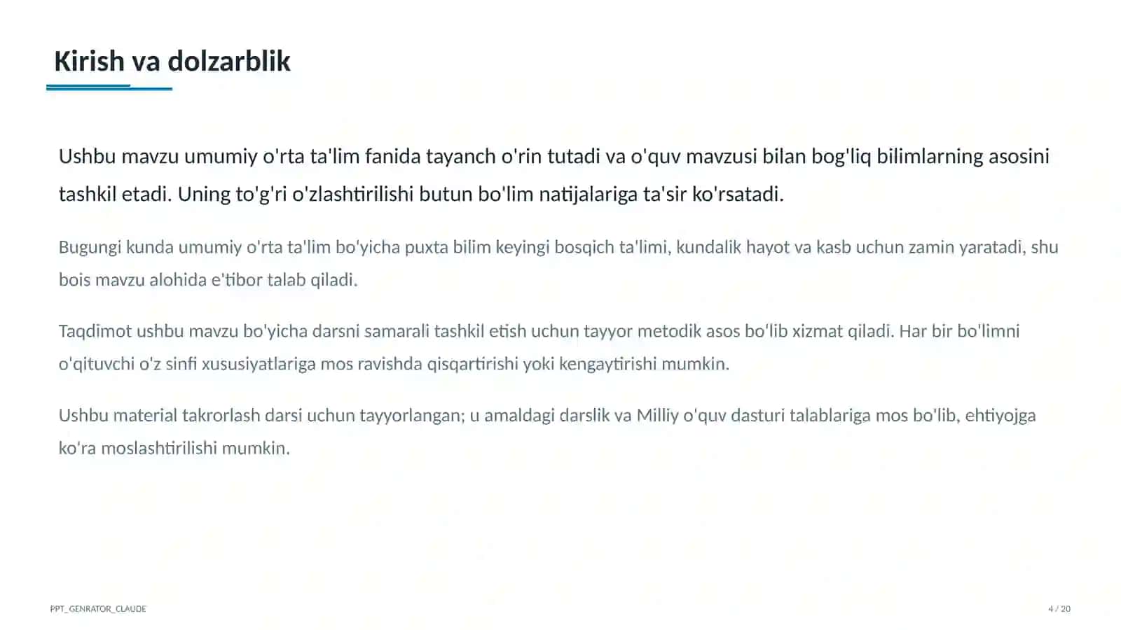 Dolzarb mavzular — maktab va o'qituvchilar (2026) — takrorlash darsi uchun 4