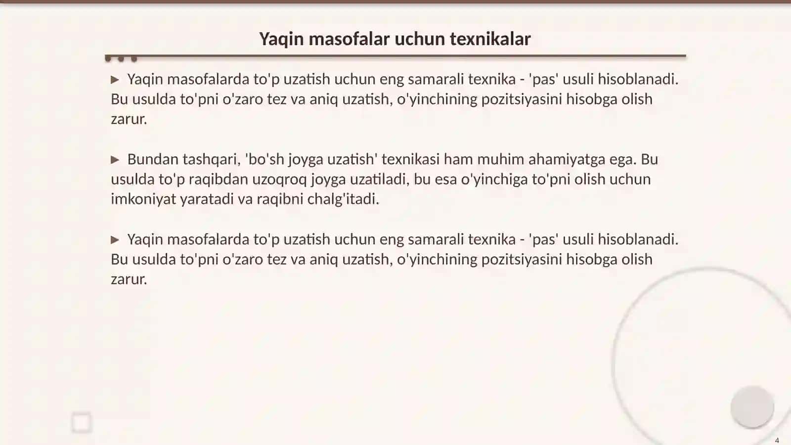Gandbolda to'pni bir biriga uzatish mahoratini oshirish 4