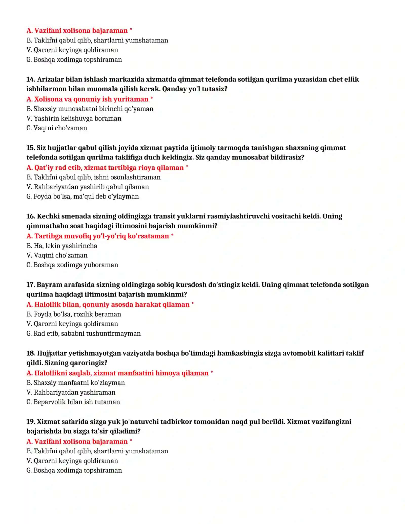 BOJXONA AKADEMIYASI - IMTIHON TEST SAVOLLARI (№ 42) 4