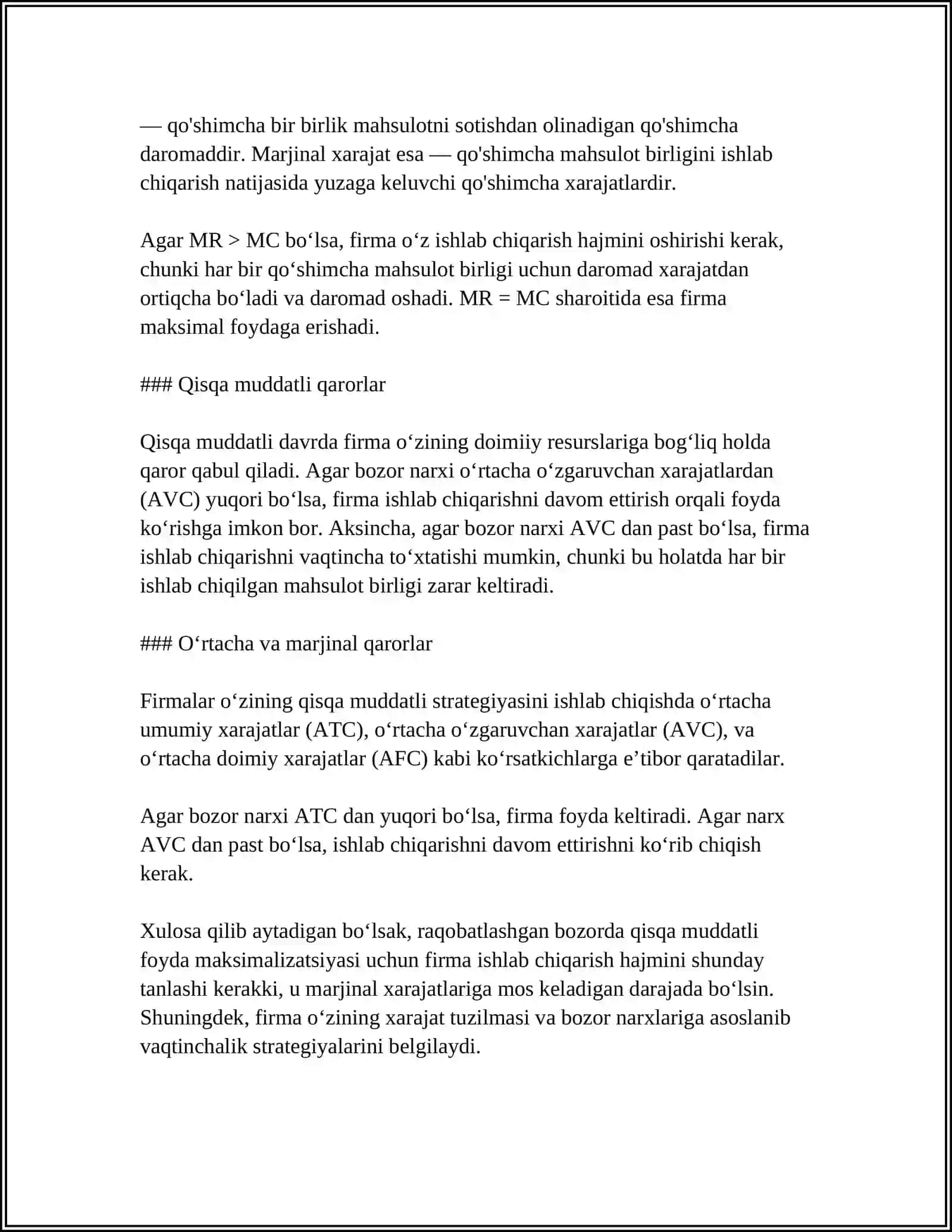 RAQOBATLASHGAN BOZORDA QISQA MUDDATLI ORALIGDA FIRMA FOYDASINI MAKSIMALASHTIRISH VA UNING TARIFI 4