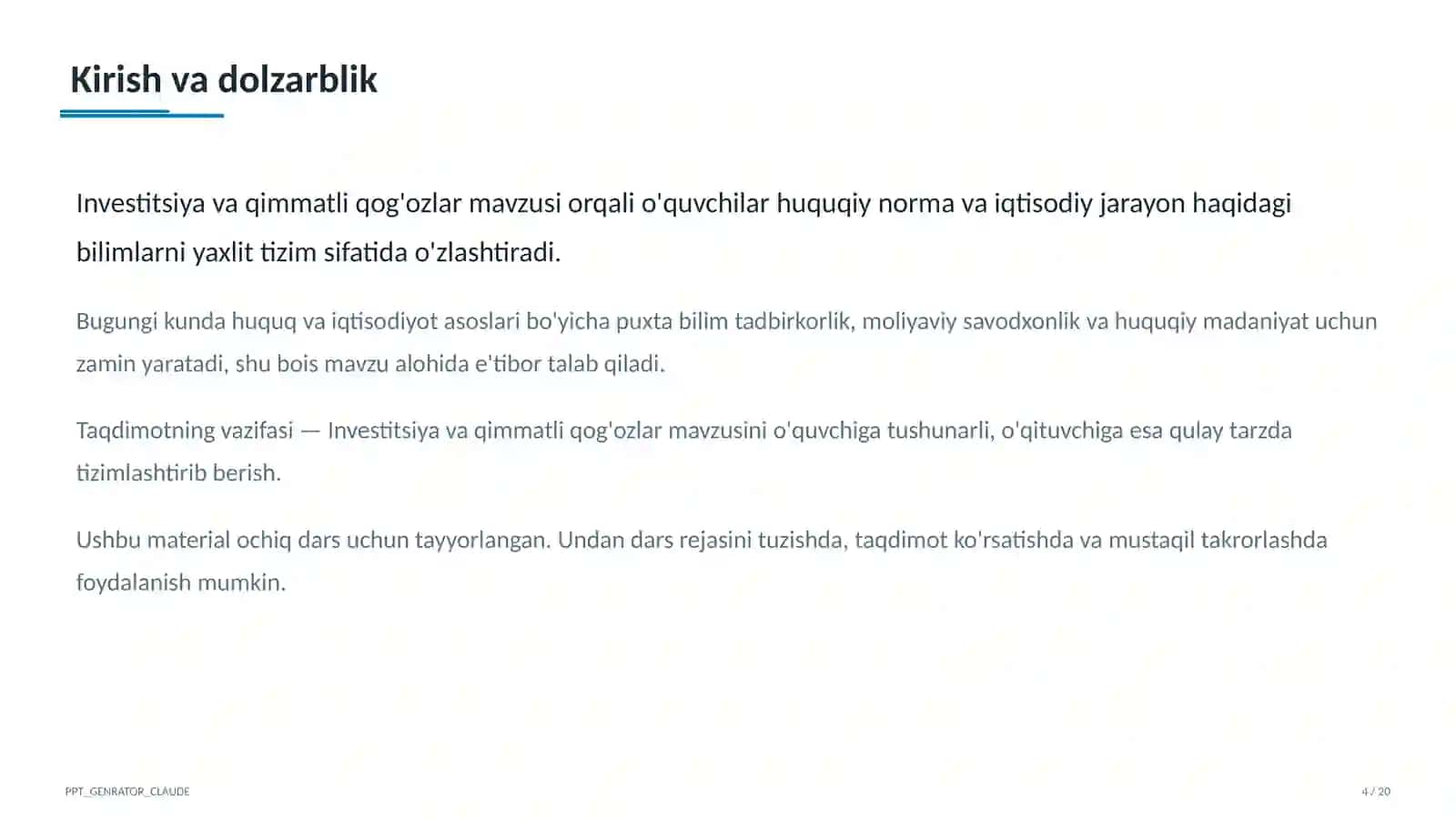 Investitsiya va qimmatli qog'ozlar (11-sinf) 4