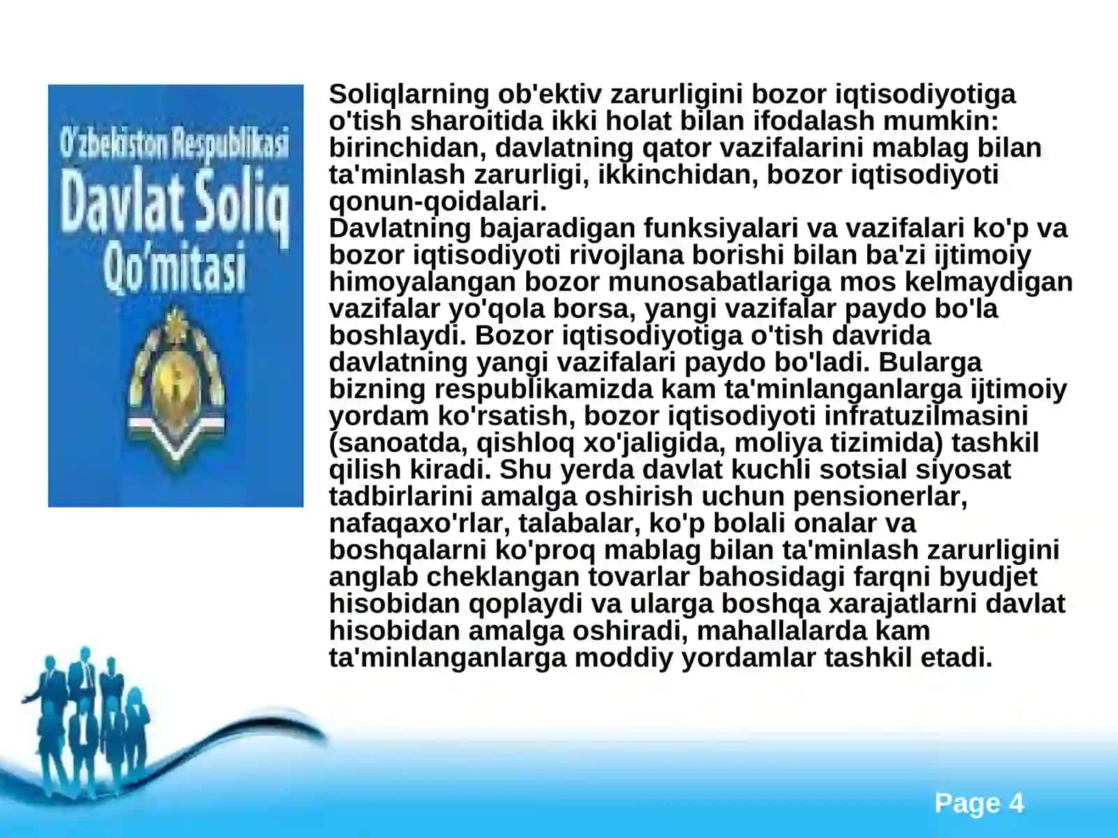 Soliqlarning davlat byudjeti daromadlaridagi o`rni 4