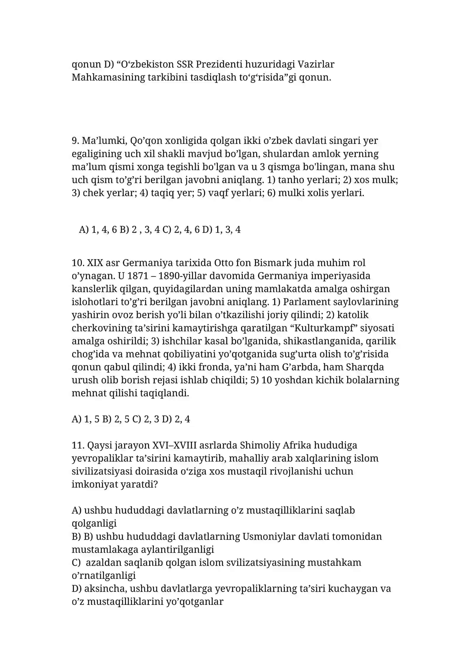 Tarix Milliy sertifikat 2025-2026 savollari va javoblari 4