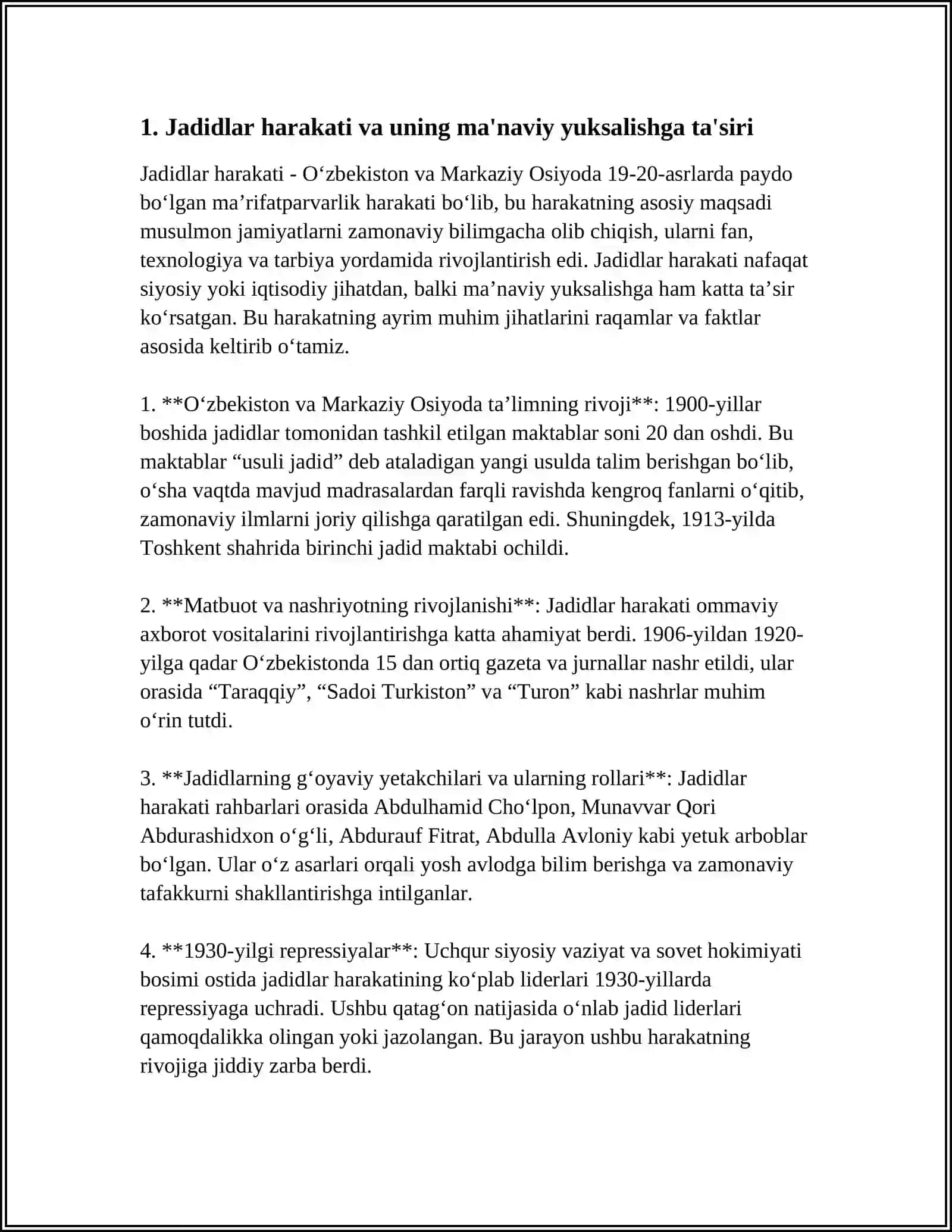 JADID MA'RIFATPARVARLARINING O'LKA IJTIMOIY-MA'NAVIY HAYOTIDA TUTGAN O'RNI (MUNAVVAR QORI, FITRAT, BEHBUDIY, AVLONIY VA BOSHQALAR) 4