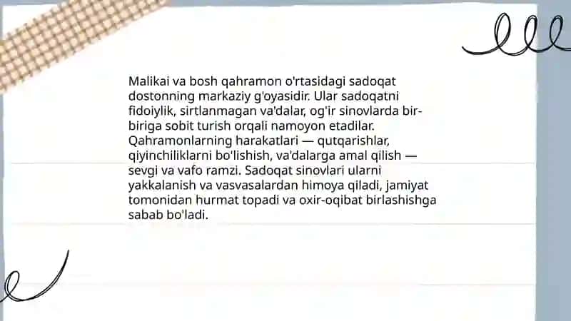 Malikai ayyor kun tugʻmish dostonida sevgi va vafo nisbatida 4