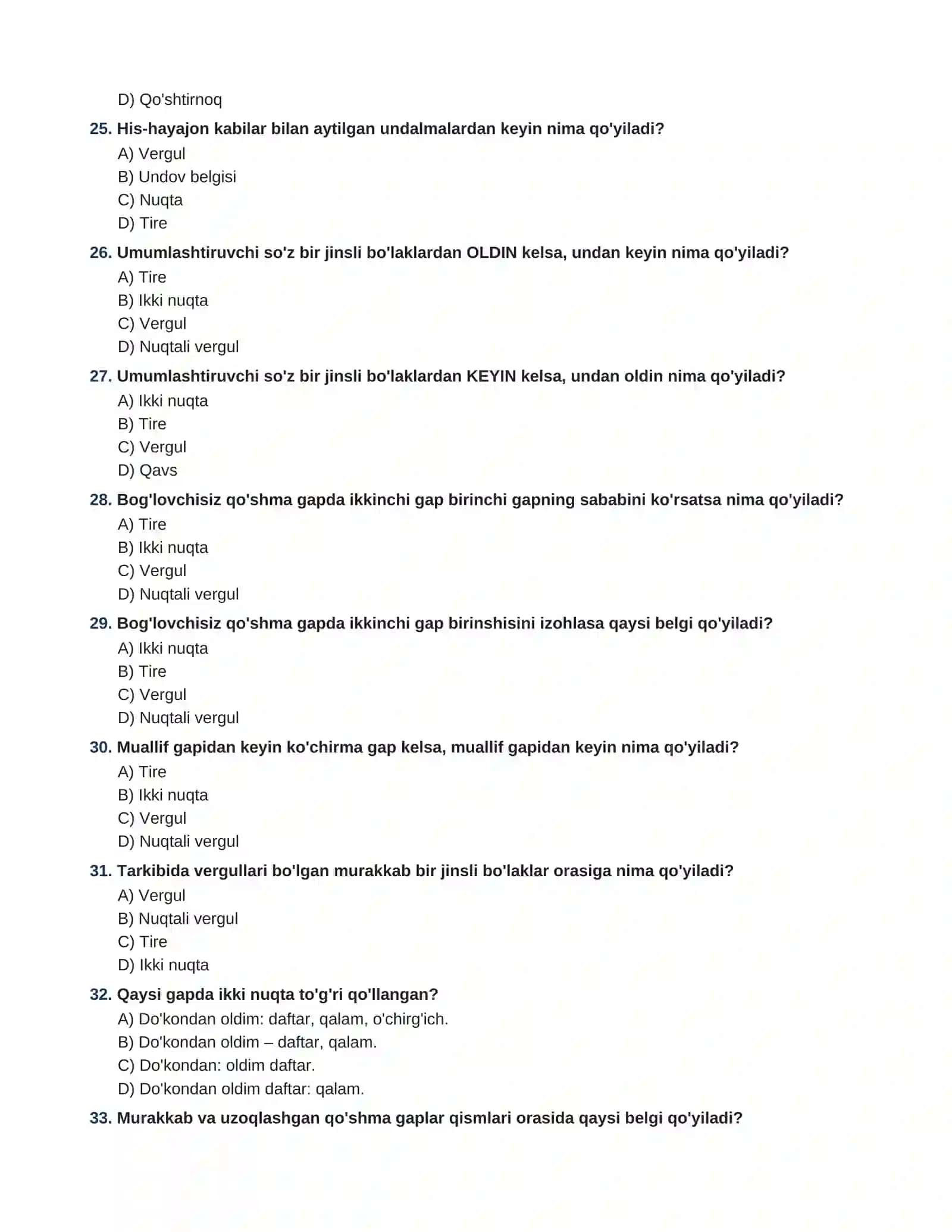 Tinish belgilari mavzusi bo'yicha 100 ta test javobi bilan 4
