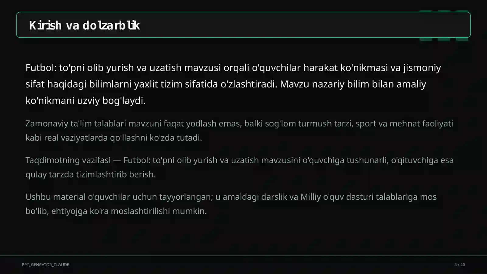 Futbol: to'pni olib yurish va uzatish (5-sinf) 4