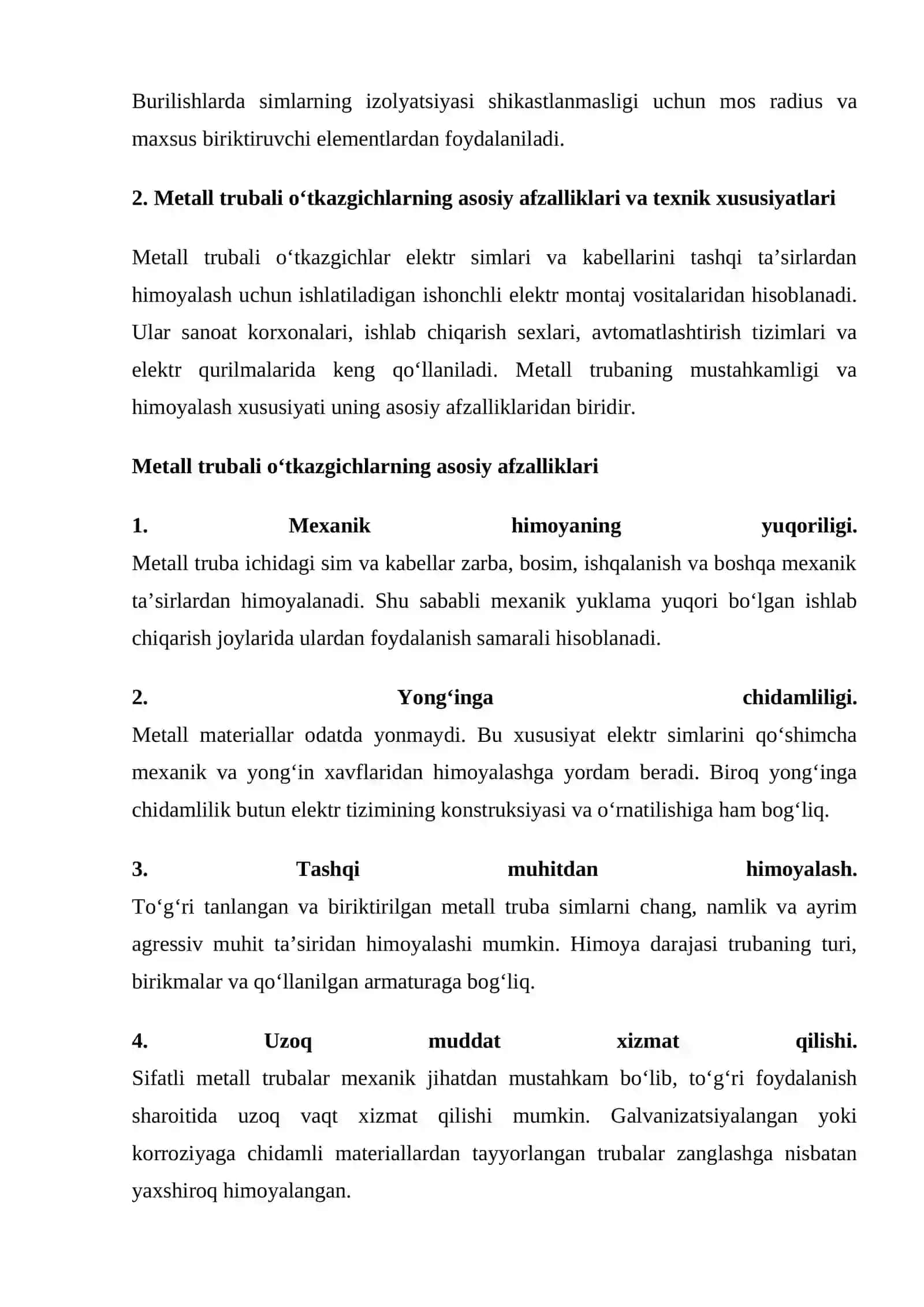 mustaqil ish Metall trubali o‘tkazgichlarning afzallik va kamchiliklarini o‘rganish 4